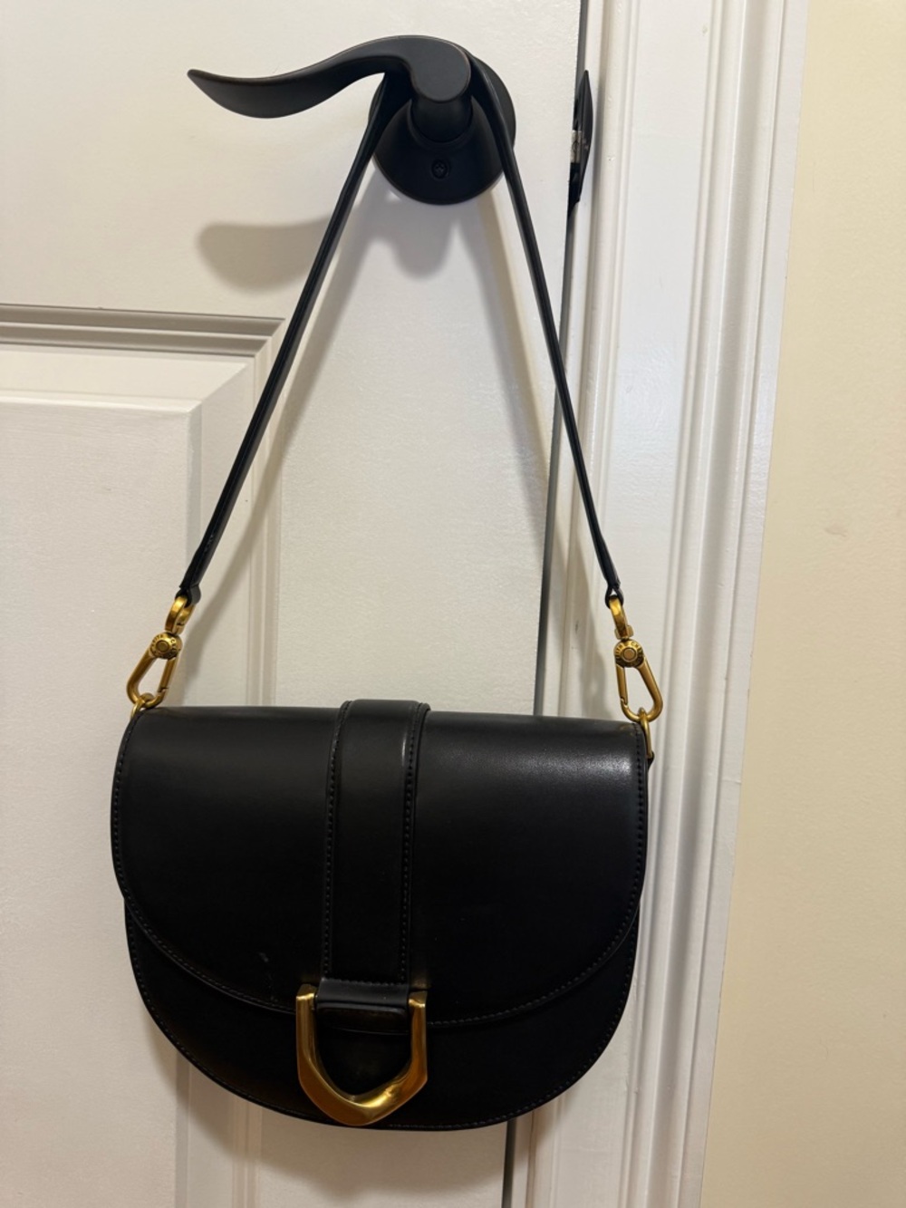 Charles & Keith Black Leather Saddle Shoulder Bag with Gold Hardware